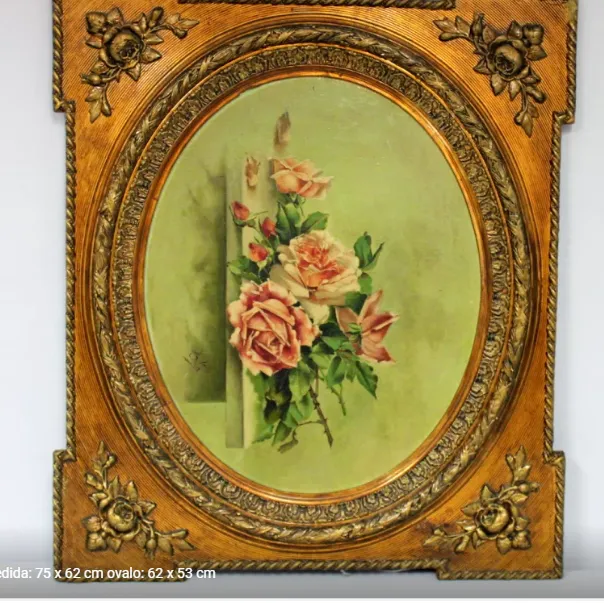 CUADRO  ANTIGUO ROSAS MARCO ORO  - CAR -  75 x 62 cm ovalo: 62 x 53 cm 
