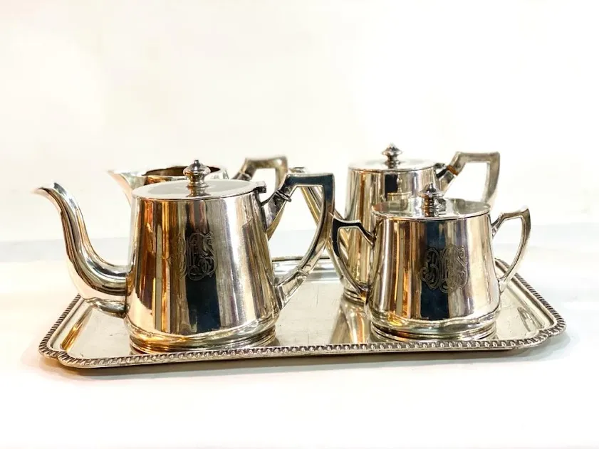 JUEGO DE TÉ DE PLATA  "BMS  ANTIQUE"   4 PIEZAS+ 1 BANDEJA