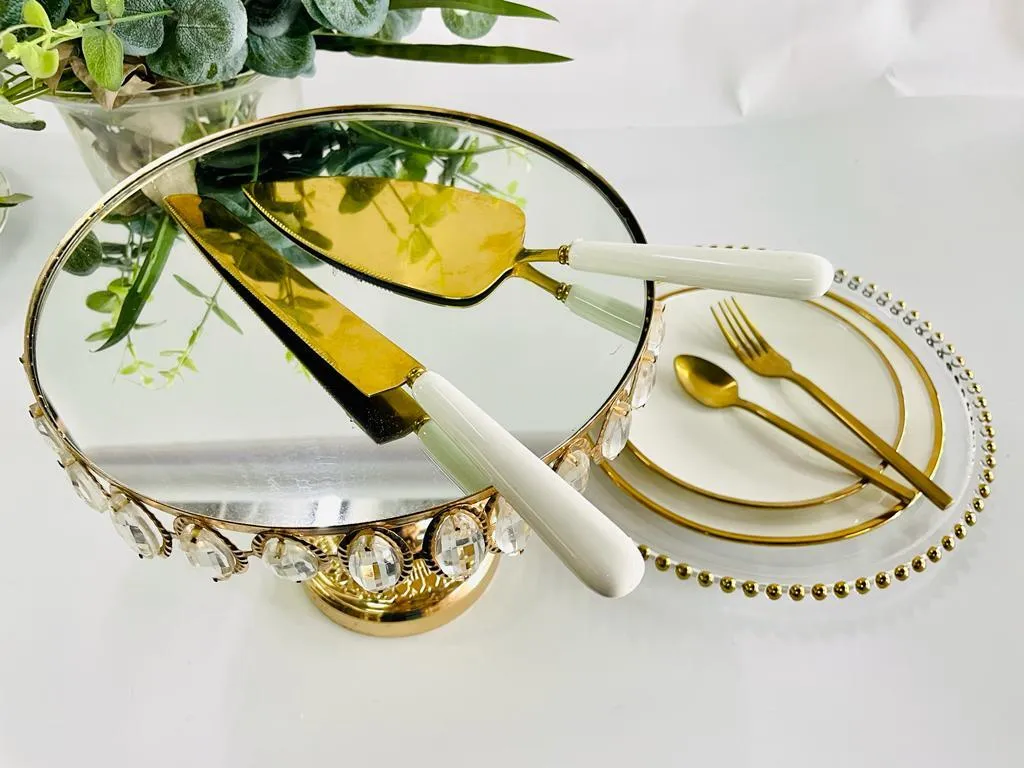 JUEGO PALA Y CUCHILLO DORADO  Y BLANCO - LARGO 30 CM