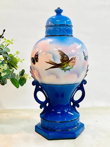 JARRON POTICH  AZUL PAJAROS  PORCELANA ENGLAND Diam. 20 x  50 cm ALT.