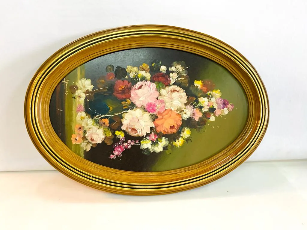 CUADRO OVAL FLORAL MARCO ROBLE Y ORO " COV 01 "  70 X 50 CM