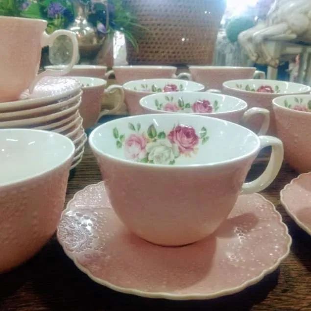 TAZA DE TE - PUNTILLA ROSA PASTEL CON FLOR