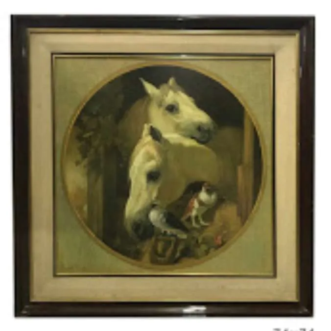 CUADRO DE CABALLOS CON MARCO DE ROBLE  74 X 74 CM 