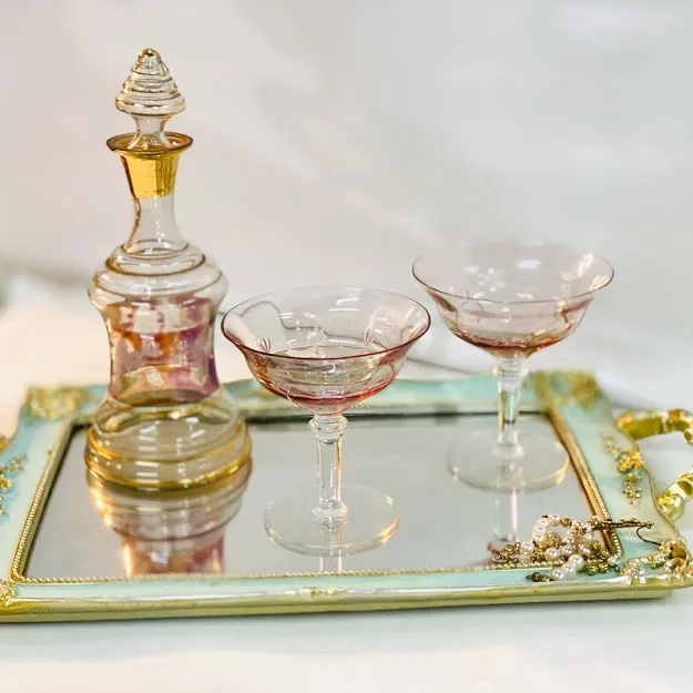 BANDEJA  ESPEJADA  AQUA  y  ORO RECTANGULAR   37 X 26 CM  CM