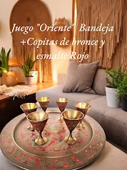 JUEGO ORIENTAL  BANDEJA BRONCE + 6 COPITAS  BRONCE Y ROJO - . DIAM 30 CM 
