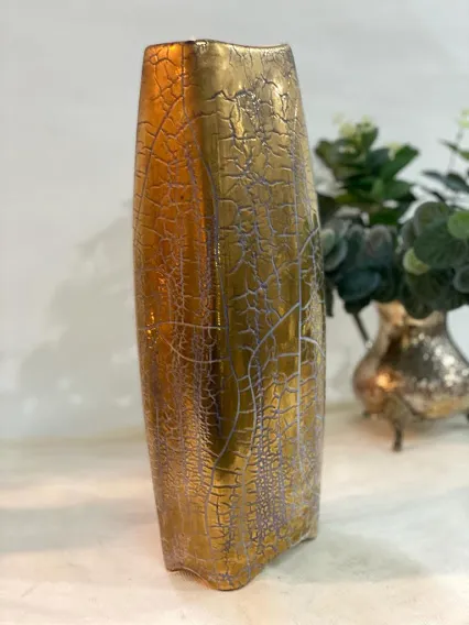  JARRON DORADO CRAQUEL  24 K PELICARIO Alt  40 CM boca 10 cm