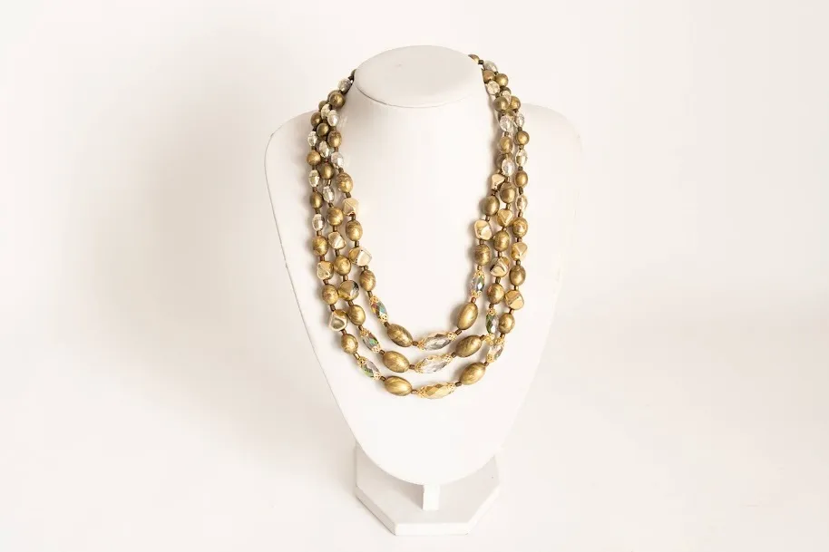 COLLAR  TRIPLE ORO VIEJO Y CRISTAL 