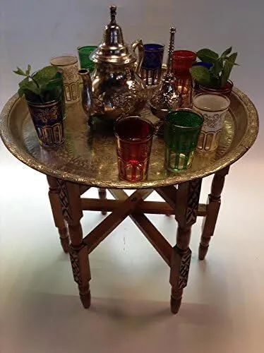 MESA RATONA ORIENTAL BRONCE Y MADERA    " MARRUECOS" - DIAM. 58 CM X 50 ALT.