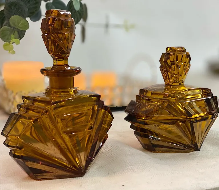 JUEGO TOILETTE AMBAR ARTE DECO  PERFUMERO + POTICH  " JTA "