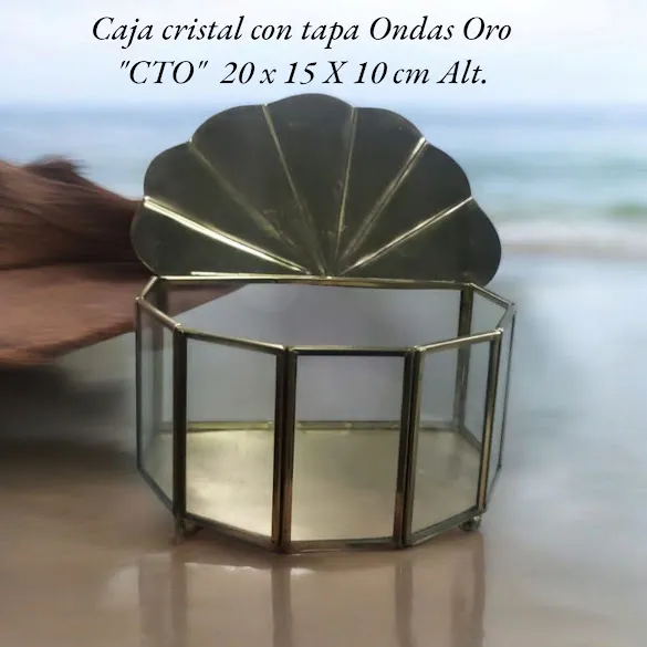 CAJA DE CRISTAL CON TAPA ONDAS ORO "CTO"  20 X 15 X 10 CM ALT