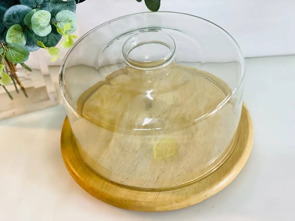 CAMPANA DE VIDRIO "02" 23.5 cm  (CON PLATO DE MADERA  de 28 cm)