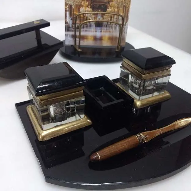 ESCRIBANIA MURANO NEGRO  ART DECO  2 TINTEROS