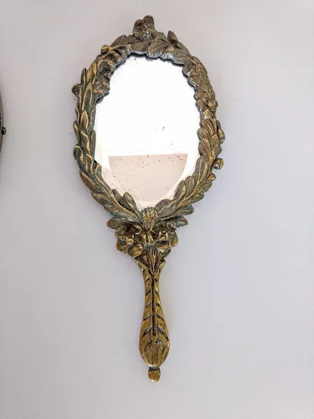 ESPEJO DE MANO BRONCE LABRADO HOJAS "EMH" 10 X 25 CM LARGO