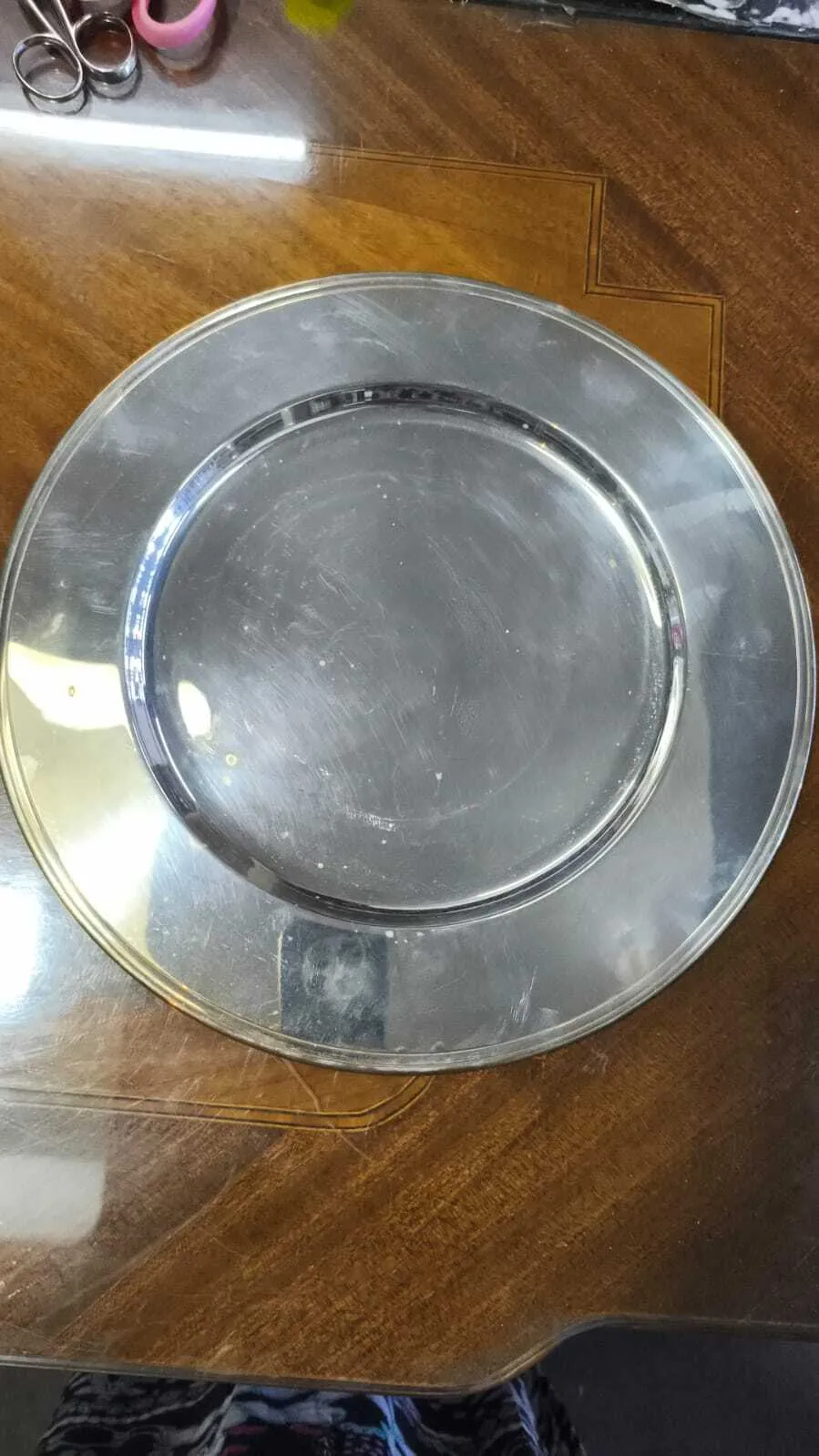 PLATO DE SITIO  PLATA ANTIQUE  BORDE DOBLE RAYA 