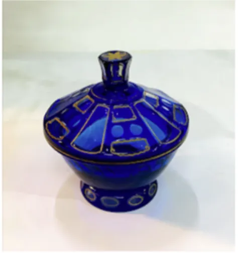 CARAMELERA CRISTAL AZUL FILETES ORO CON TAPA DIAM 13 ALT 15 (CCA01))