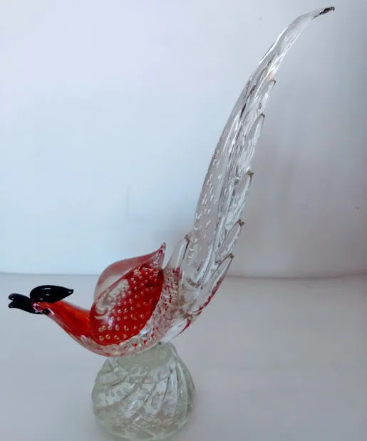 PAJARO EN MURANO ROJO Y CRISTAL 