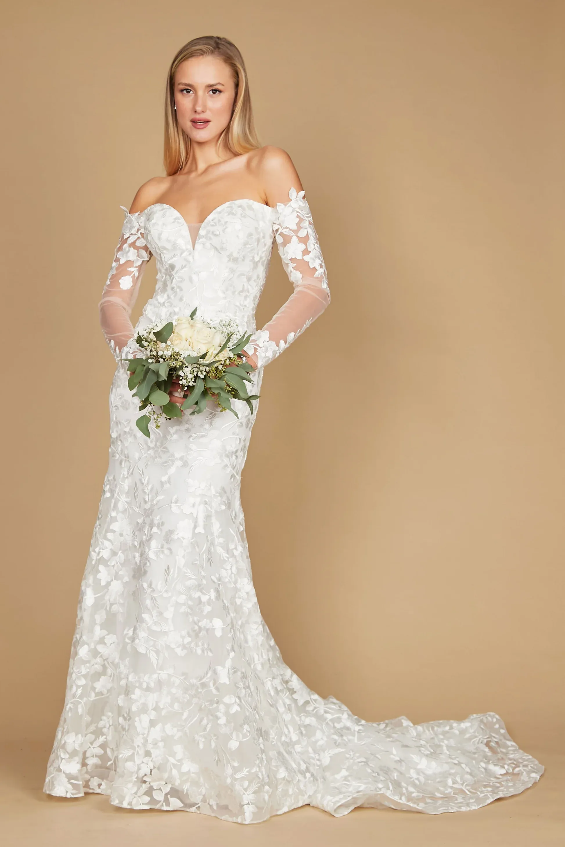 White Dylan & Davids Lace Long Off Shoulder Mermaid Wedding Dress