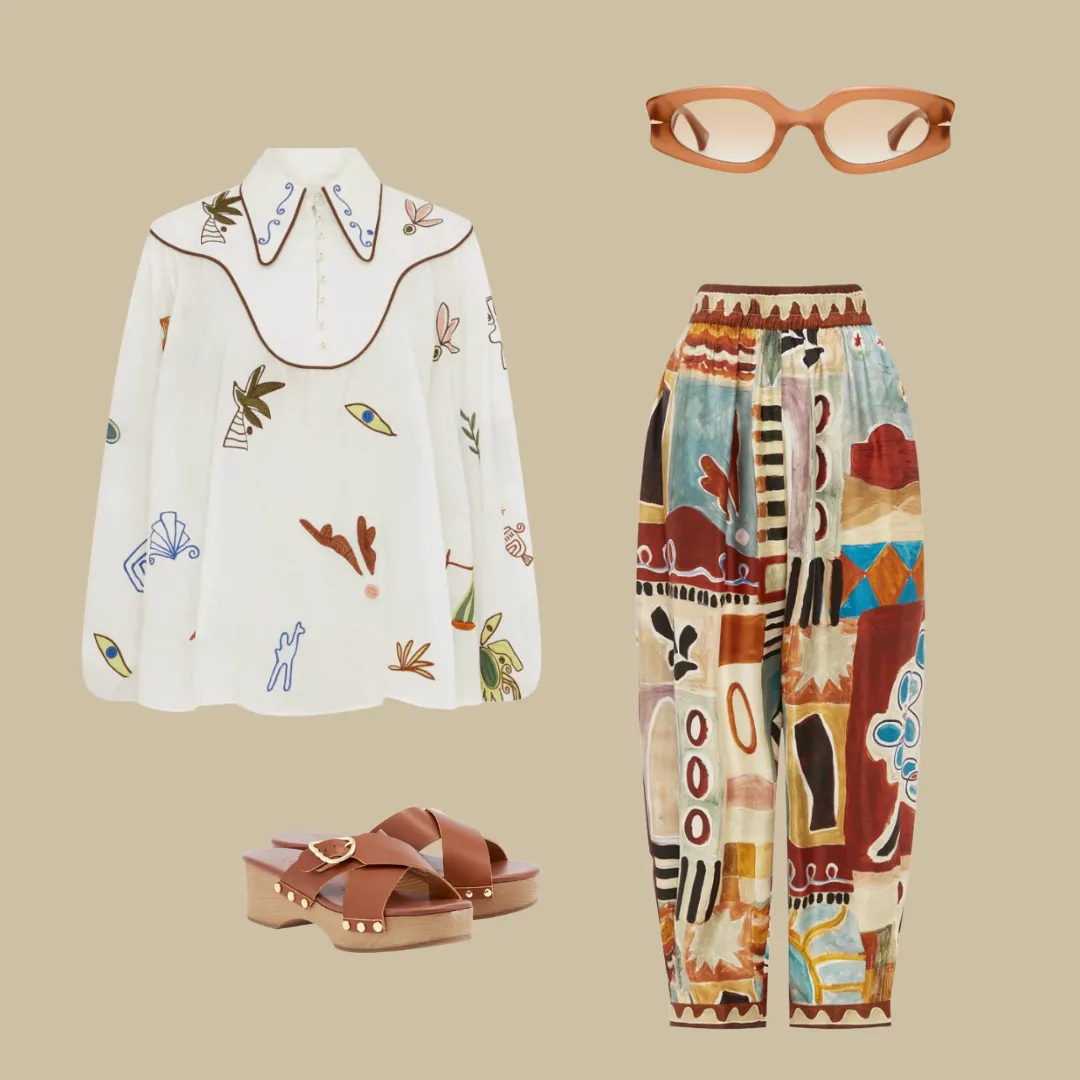 Alémais Mina Embroidered Blouse and Michelle Silk Tapered Pant Set