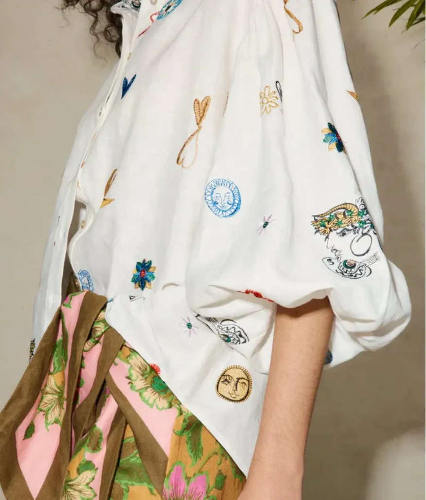 Alémais Soleil Set - Embroidered Shirt and Silk Pant