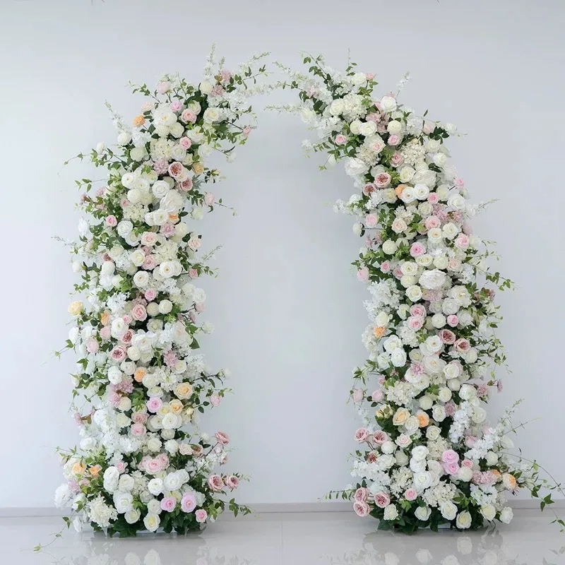 White & Pink Symmetrical Flower Arch Backdrop