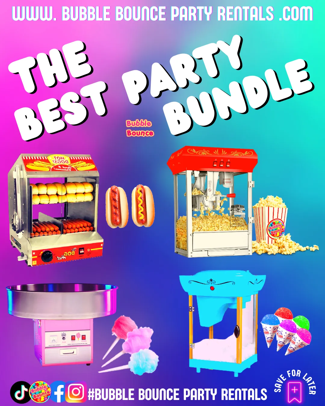 Ultimate Party Concession Bundle – 4 Machine Rental (Popcorn, Cotton Candy, Snow Cone & Hot Dog Steamer)