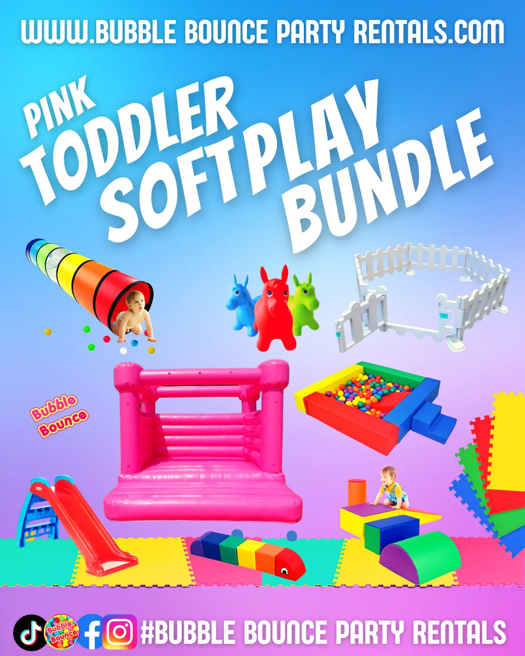 Pink Modern Bounce House Full Toddler Soft Play Bundle with Cute Gates