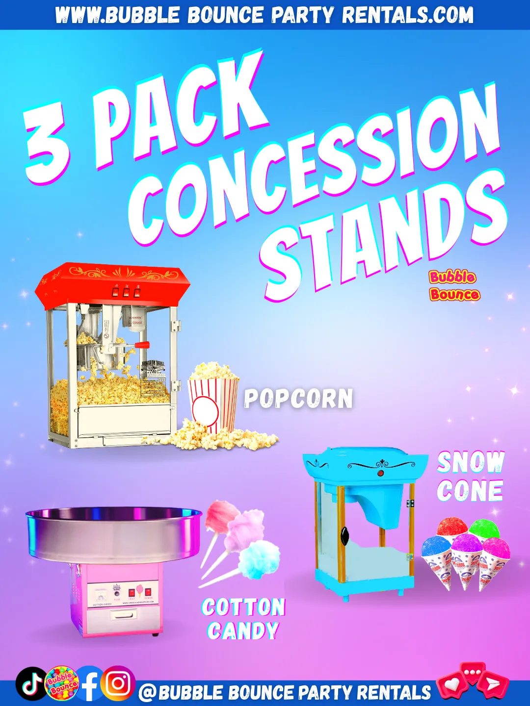 The Sweet 3 Concession Machine Bundle – Cotton Candy, Snow Cone & Popcorn Rental