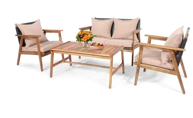 Acacia Wood & PE Wicker Patio Sofa Set – Beige