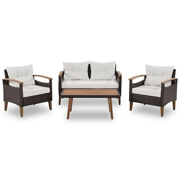 Acacia Wood & PE Wicker Patio Sofa Set – Beige
