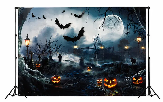 7ft x 5 ft Spooky Bats And Pumpkins Backdrops