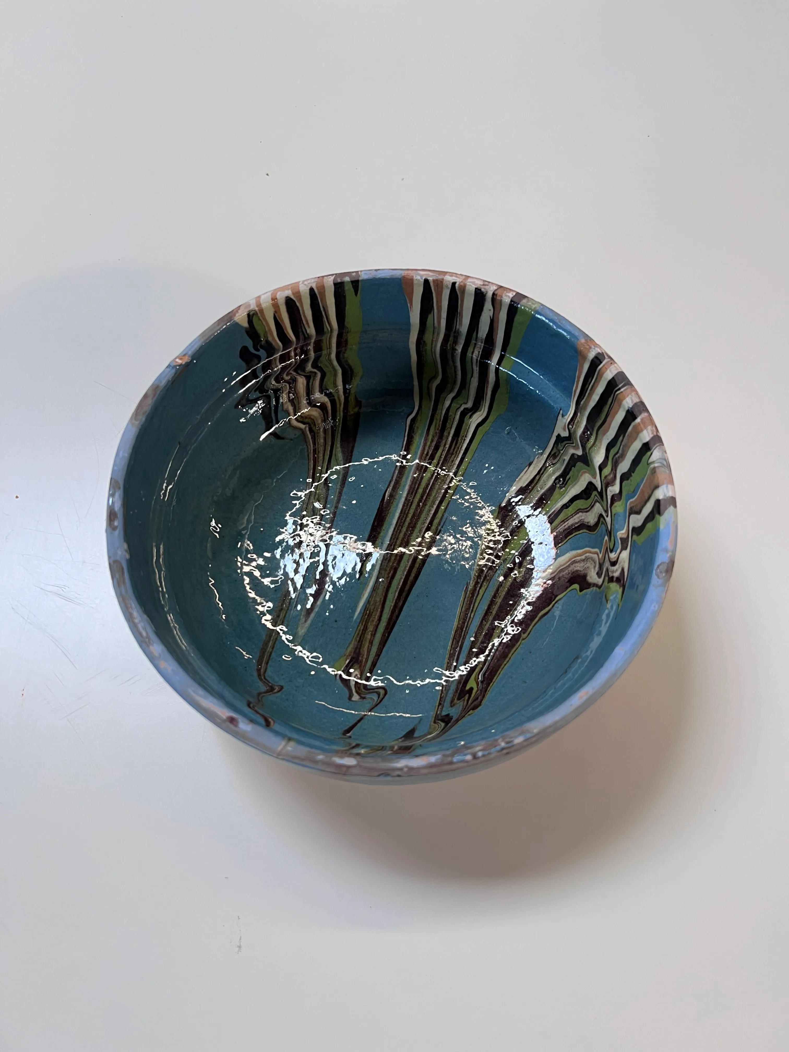 Blue, brown, cream paint swirl handmade bowl 