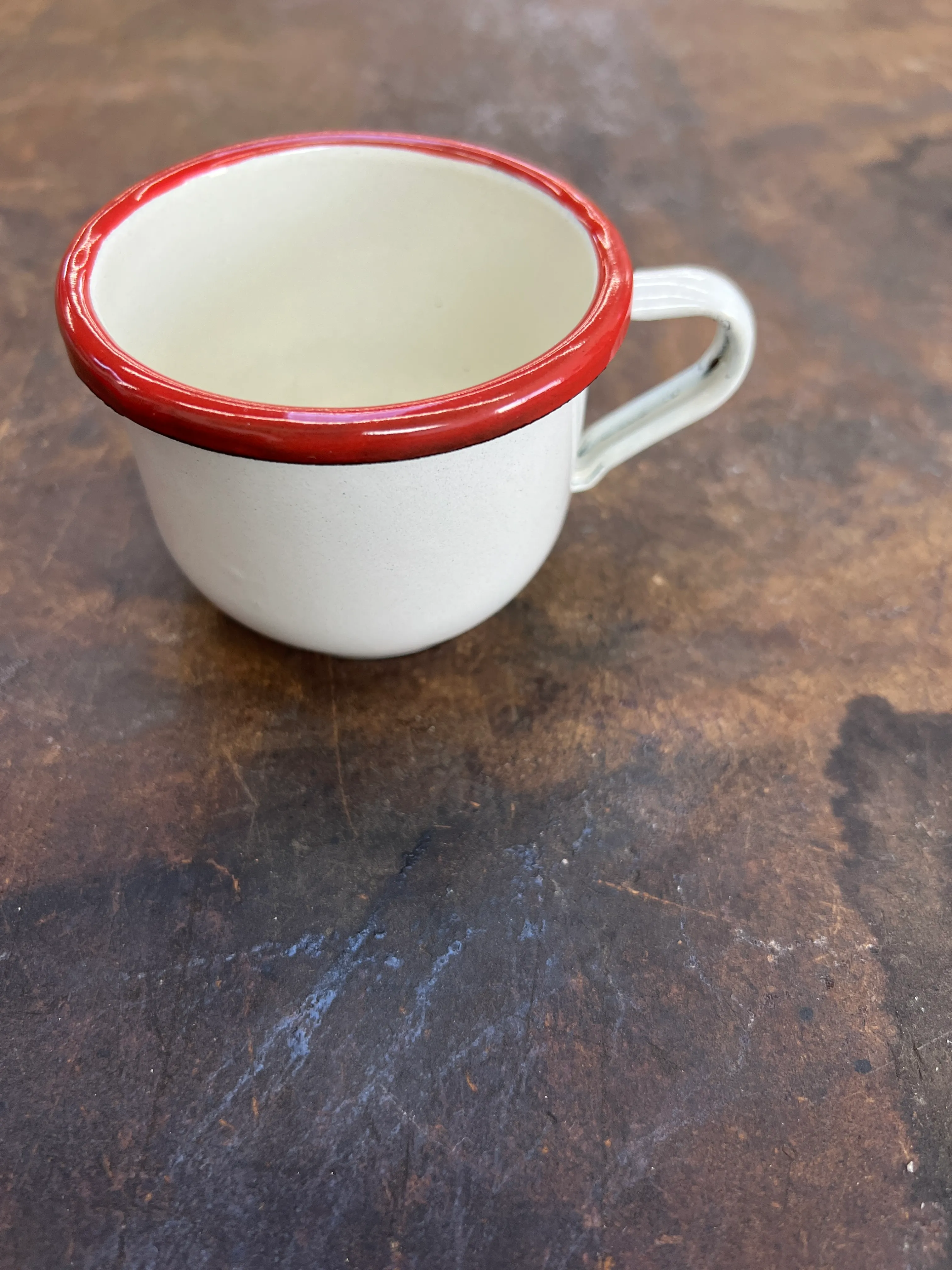 White Enamelware Mug w/ Tan Rim