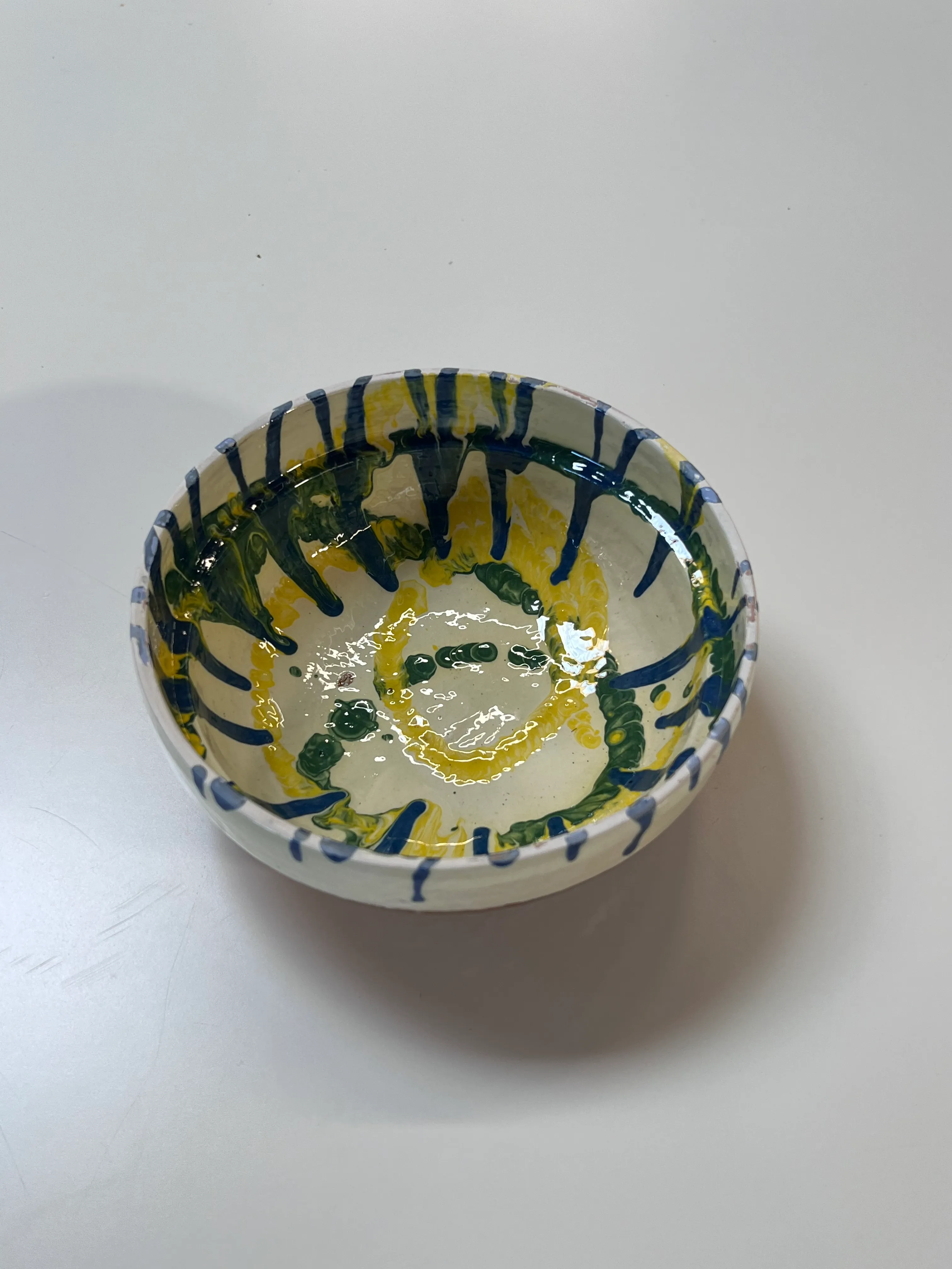 Yellow, blue, green paint splatter bowl - Juxtapositon