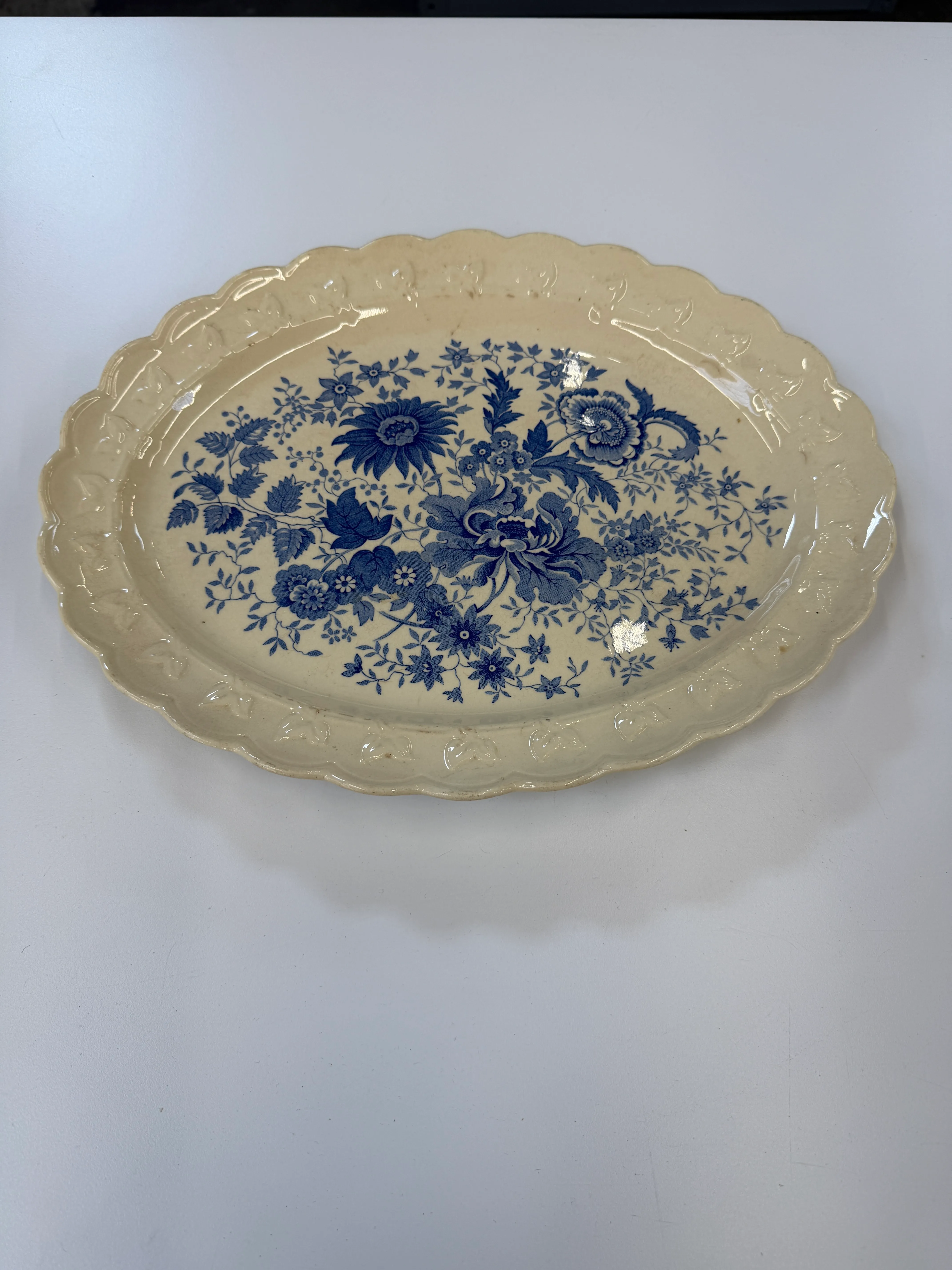Cream Platter Scallop Edge Blue Floral
