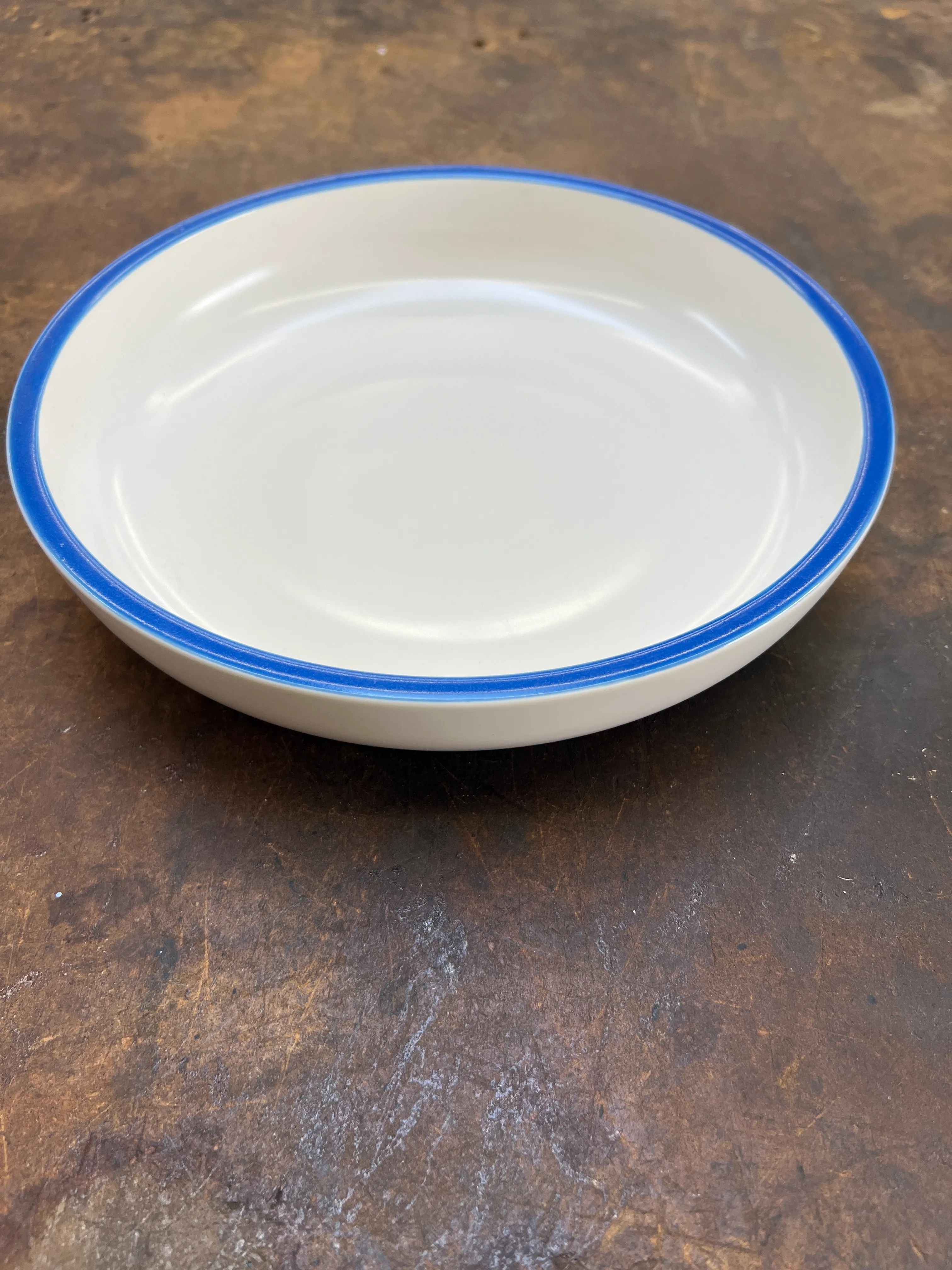 White Serving Bowl Blue Trim Hay
