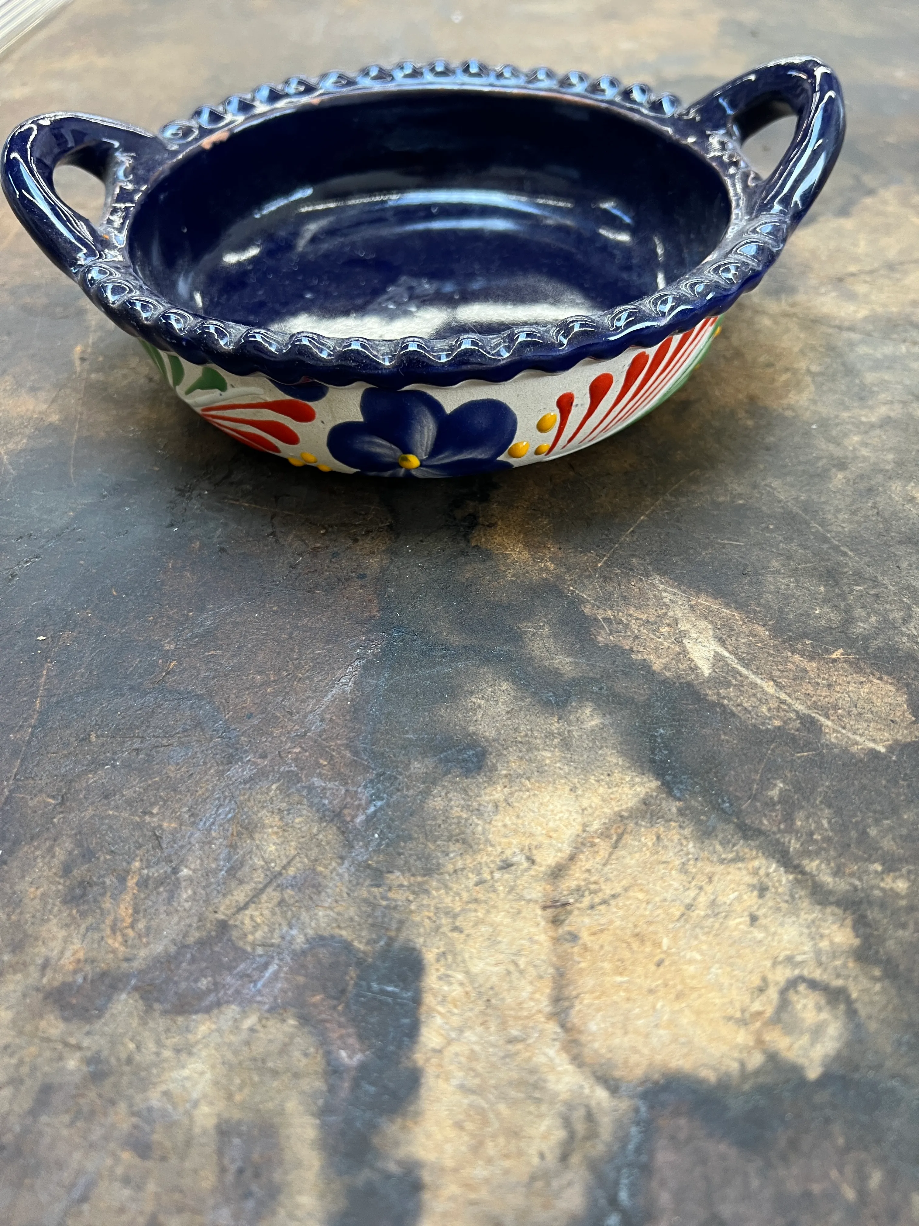 Stoneware Bowl Hand Painted Navy Inside