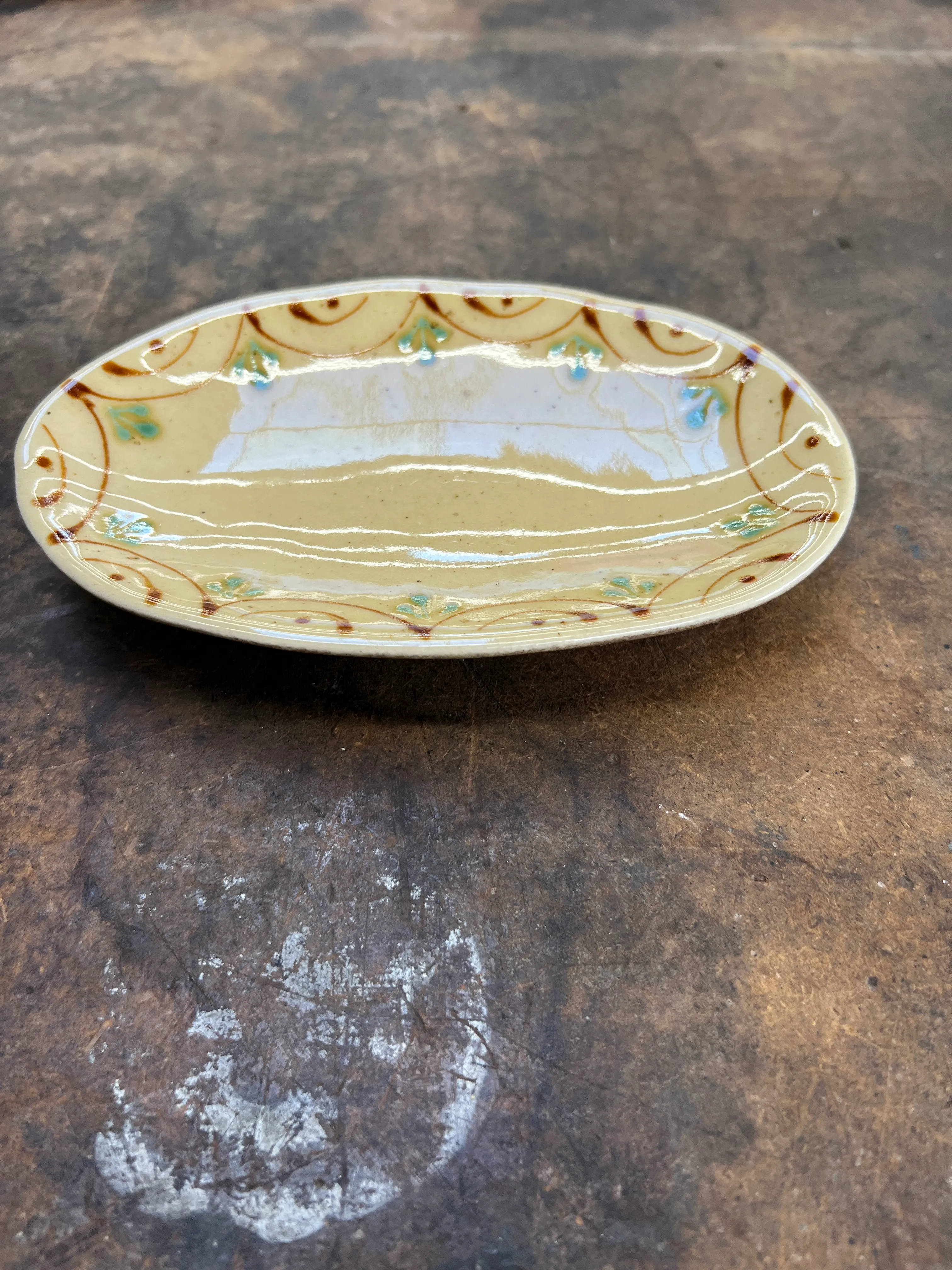 Small Oval Dish Yellow w/ Line/Floral Design