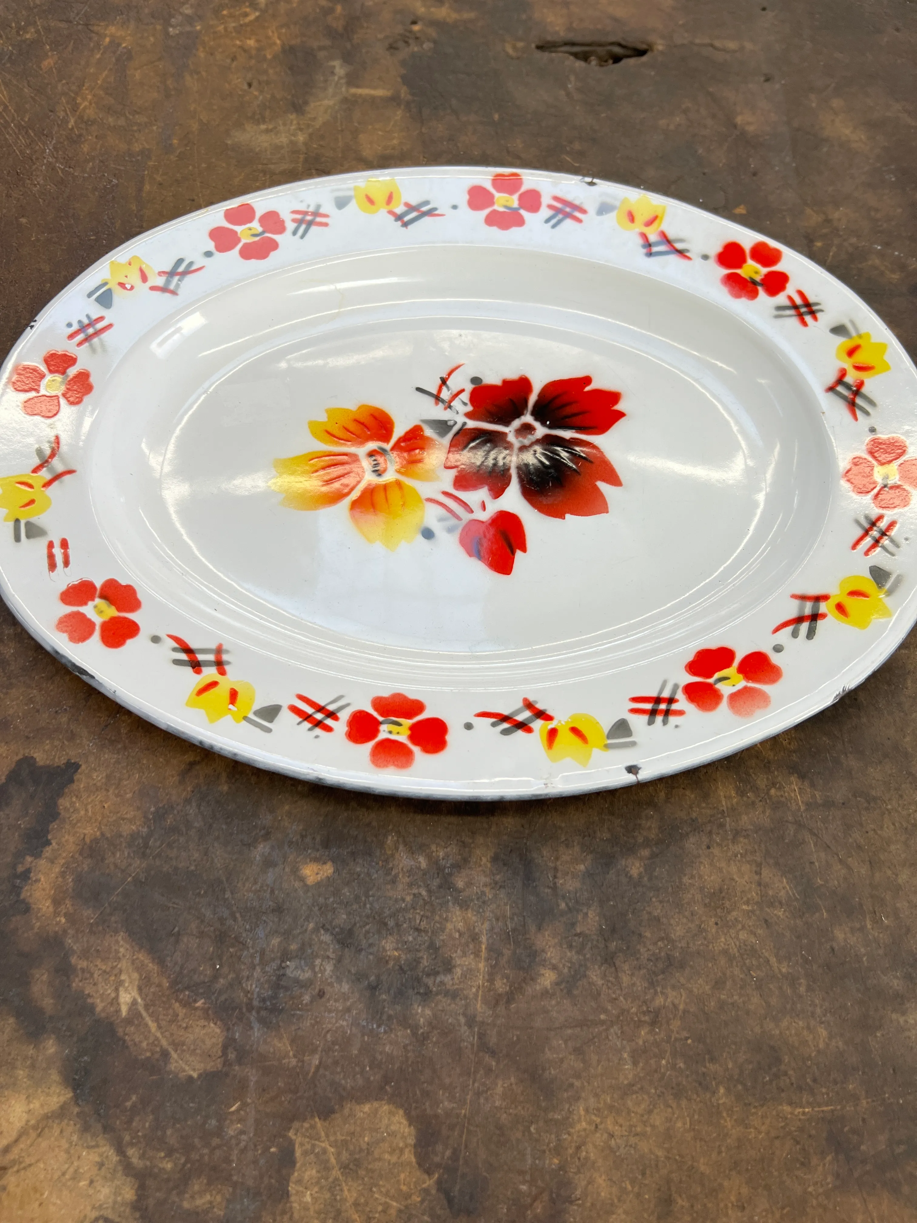 White Enamelware Platter Red/Yellow