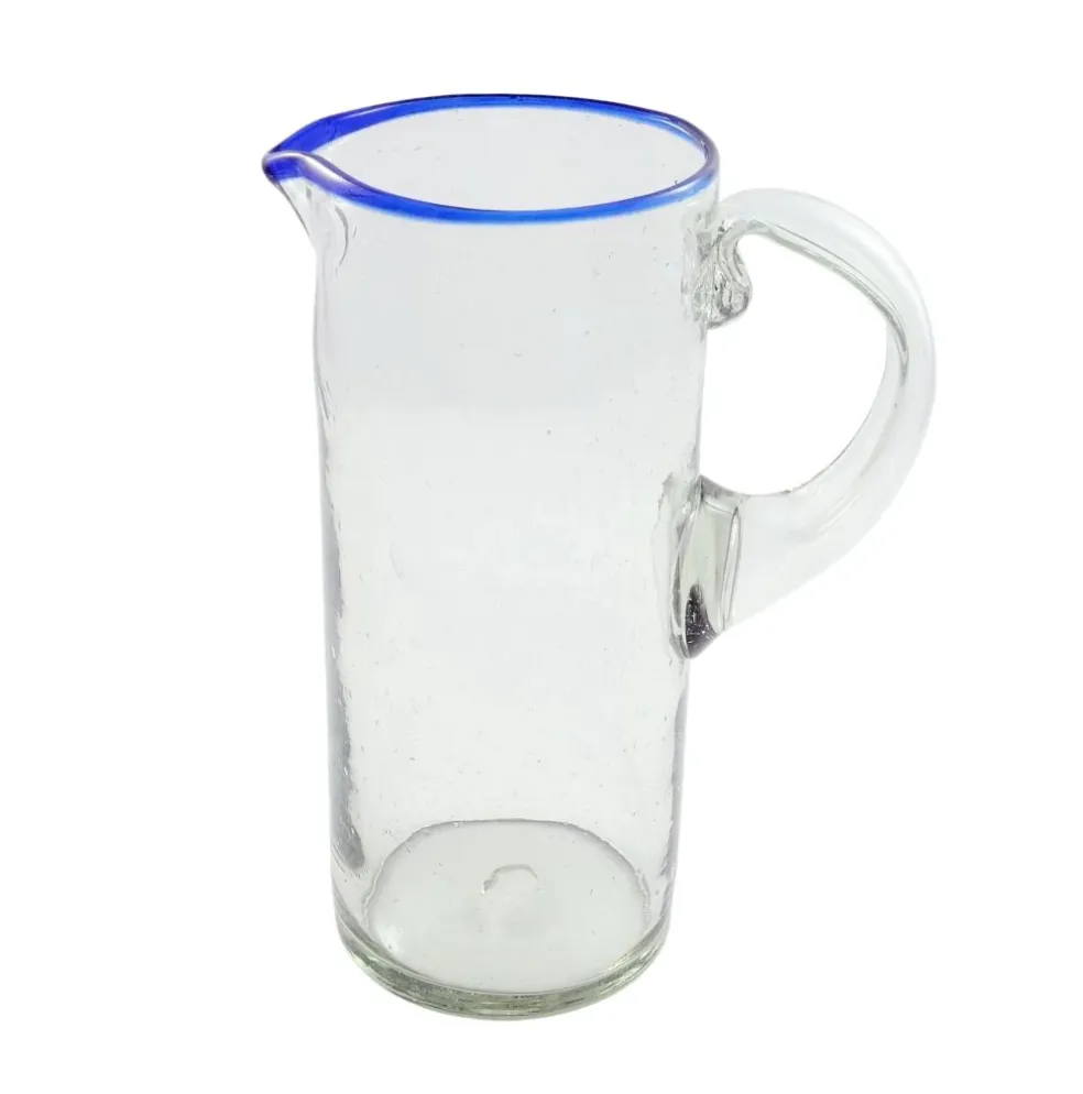 Blue Rim Hand Blown Glass Pitcher