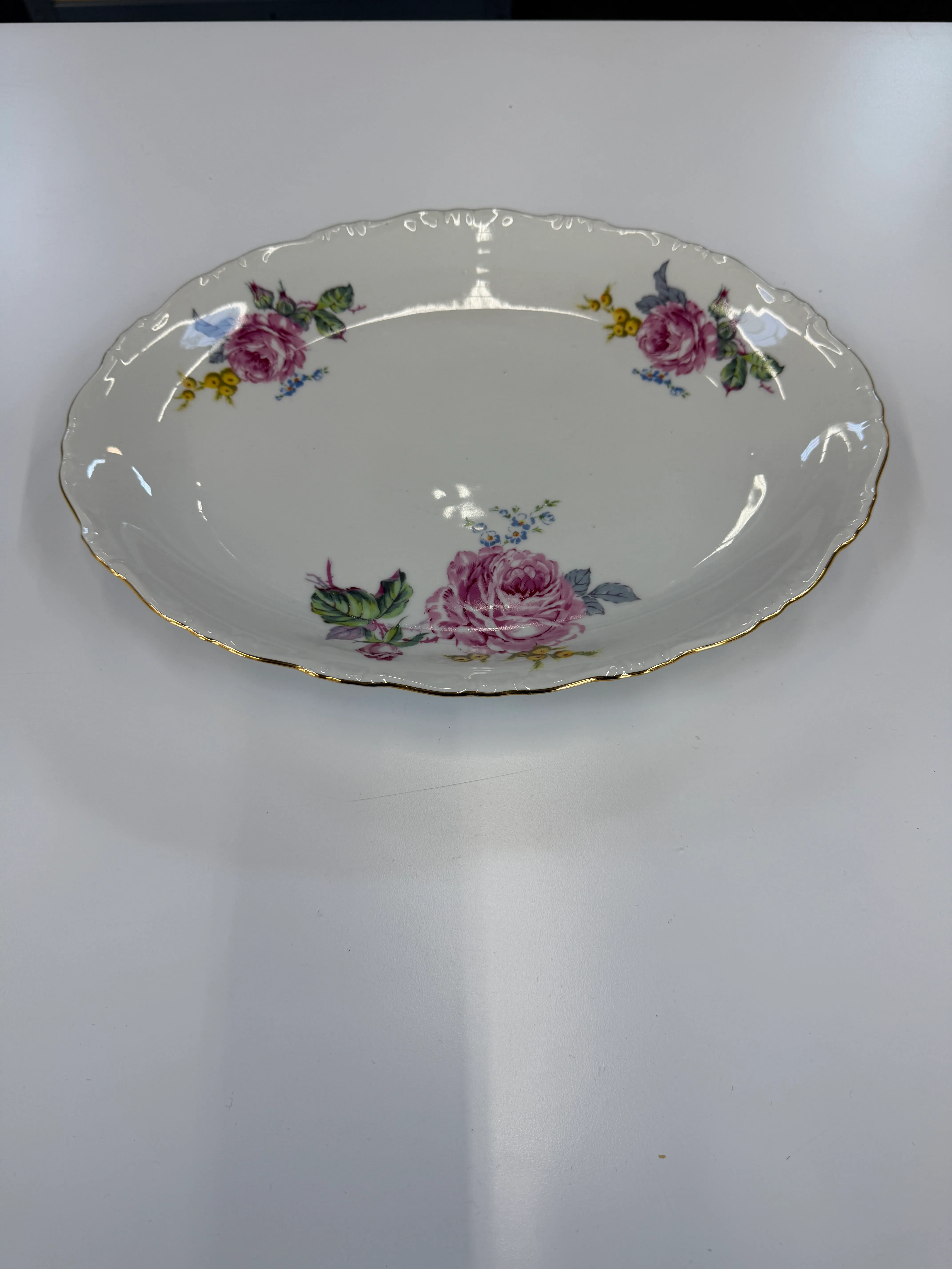 White Oval Platter Pink Rose Motif
