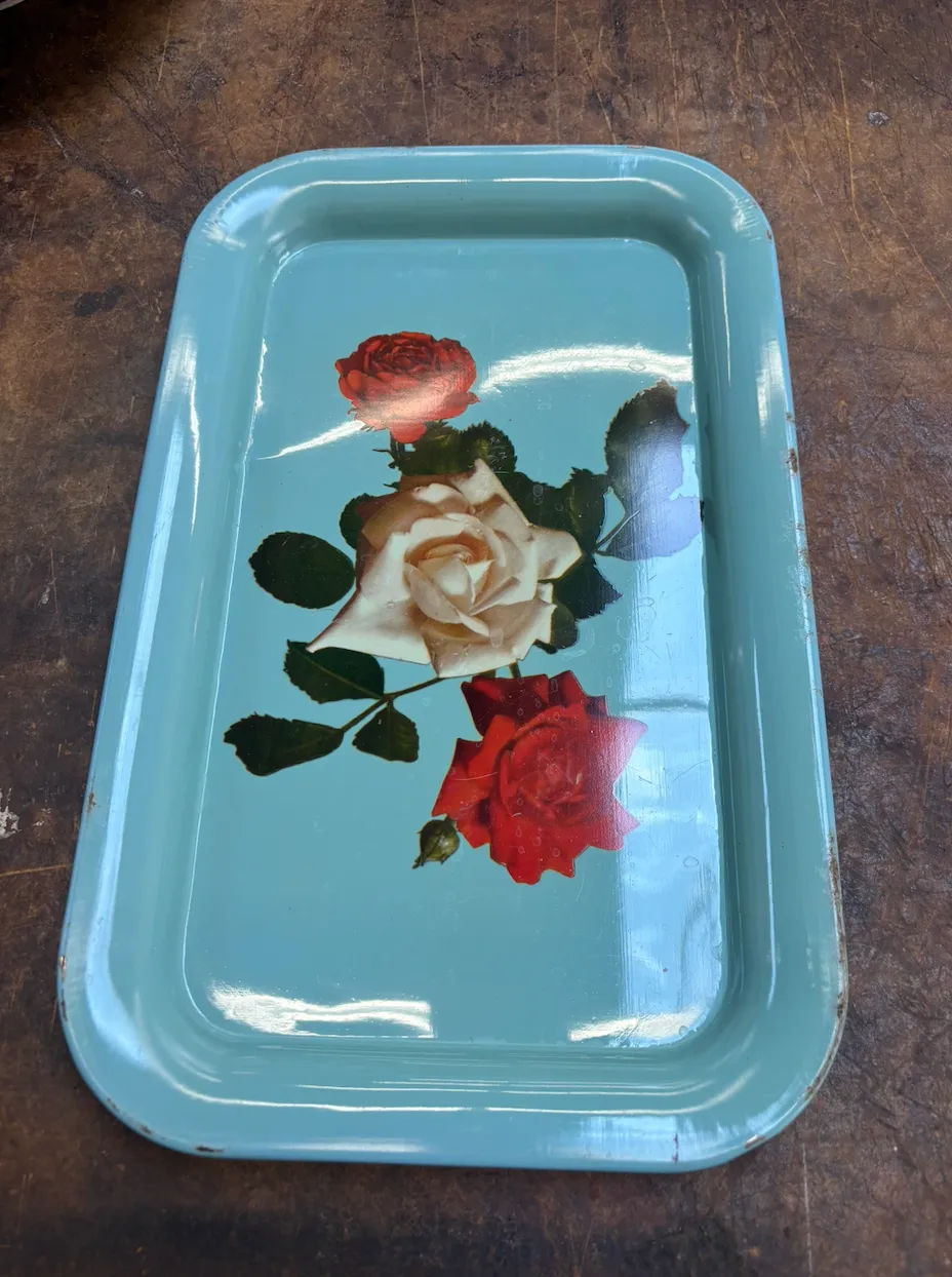 Light Blue Rose Enamel Tray w/ Red/White Roses