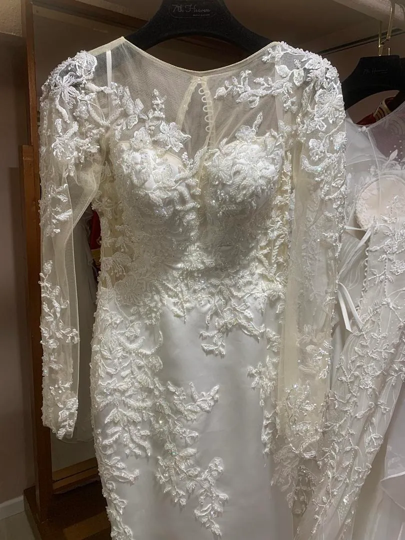 S05AAT 1274 Half satin long sleeve with lace mermaid gown