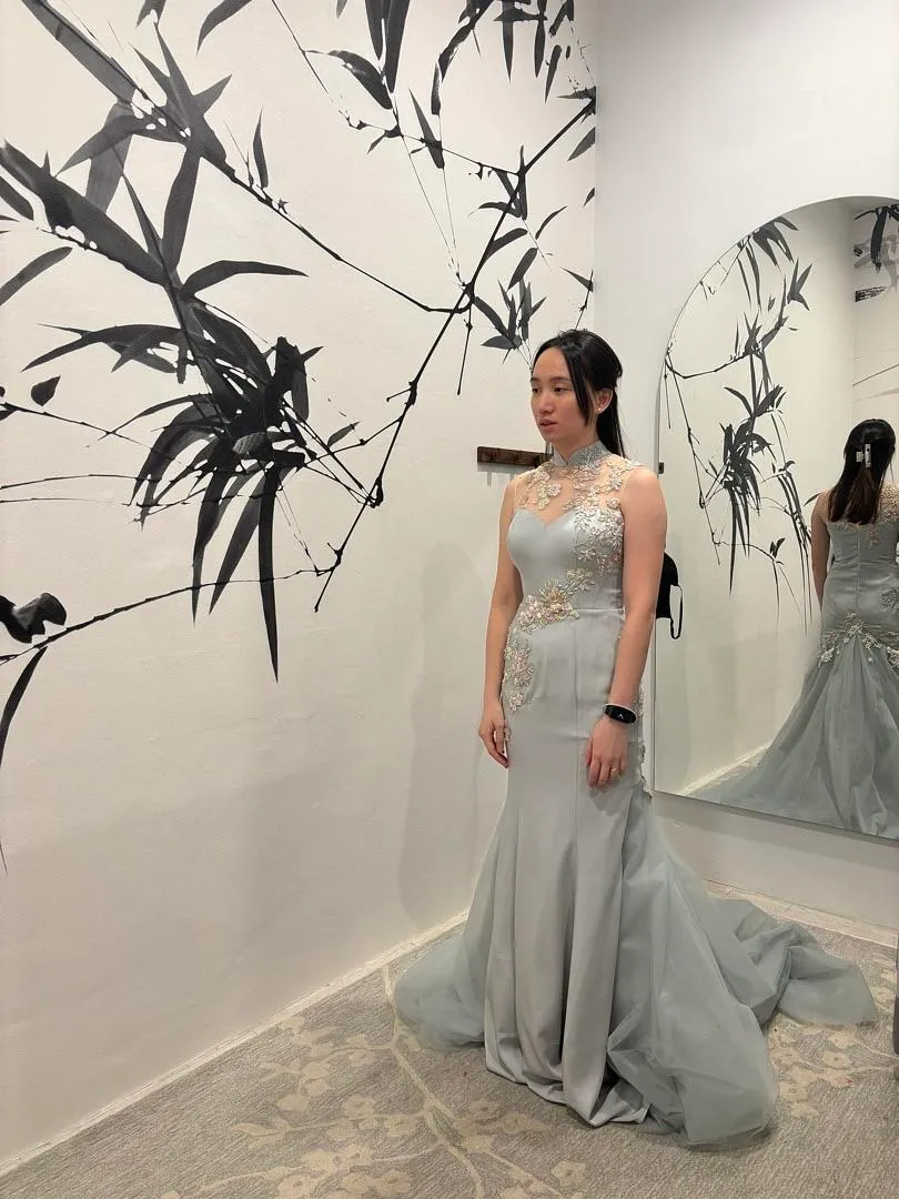 S05AAT 1395 modern cheongsam Aini Modified Silver Grey Tulle Train