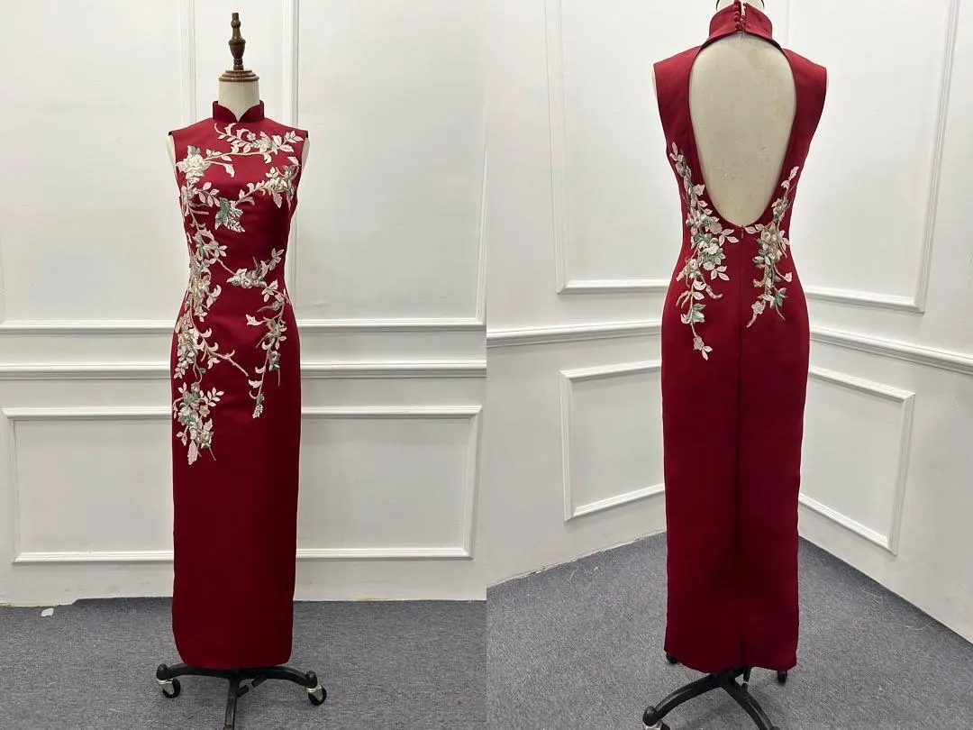 S05AAT 1504 modern cheongsam maroon sliver green lace no train key hole