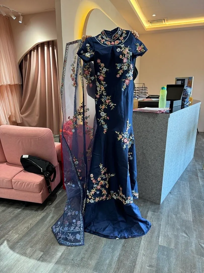 1589 Indonesia sangjit Cheongsam Short Sleeve Navy Blue 