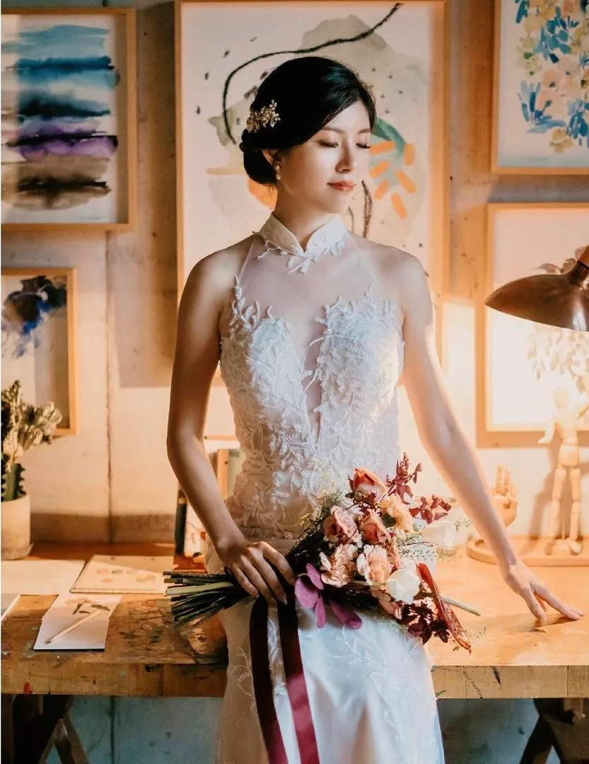 S05AAT 0501 - Halter cheong sam champagne mermaid long train