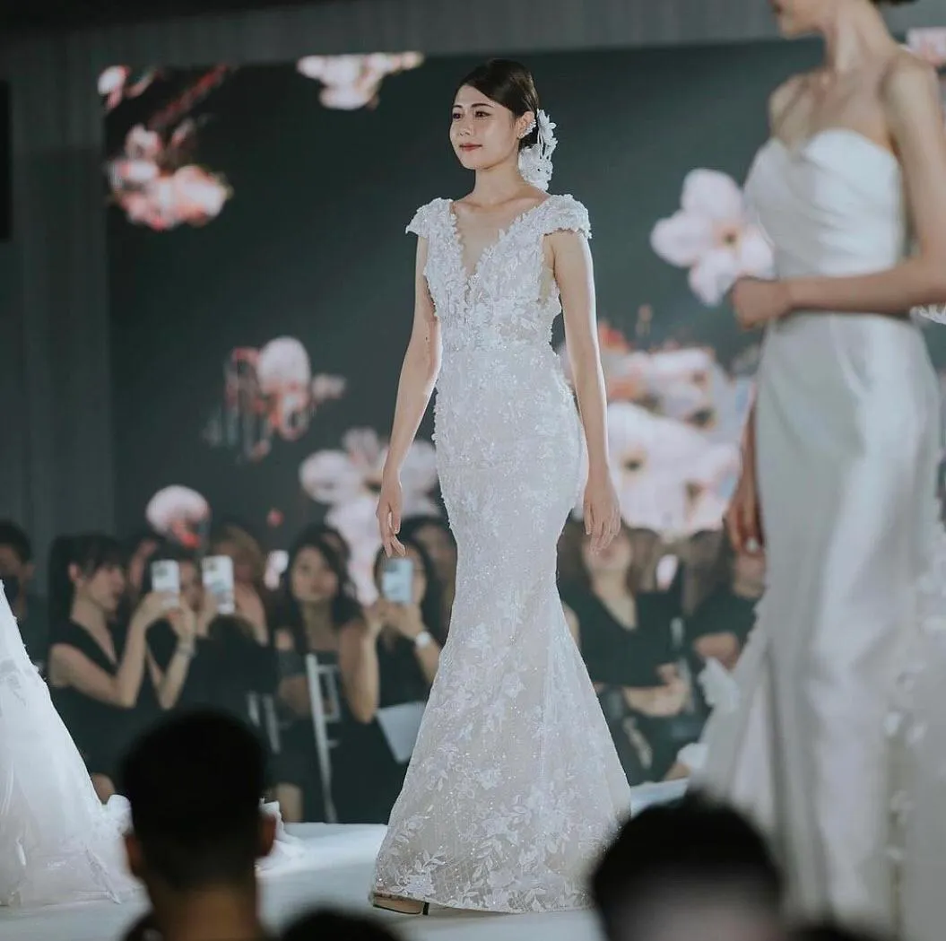 S05AAT 1190 FS Joyce Champagne Cap sleeve deep V mermaid with low back