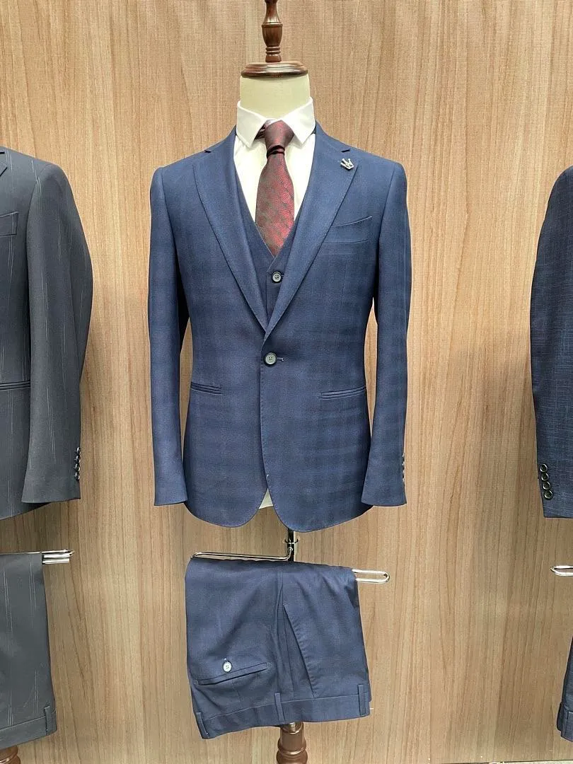 S05AAT 1370 COAT Bright Navy Blue Single Breasted Checkered Square Pattern One Button Notch Lapel 48# 50# 52# 54# 56#code: FL952