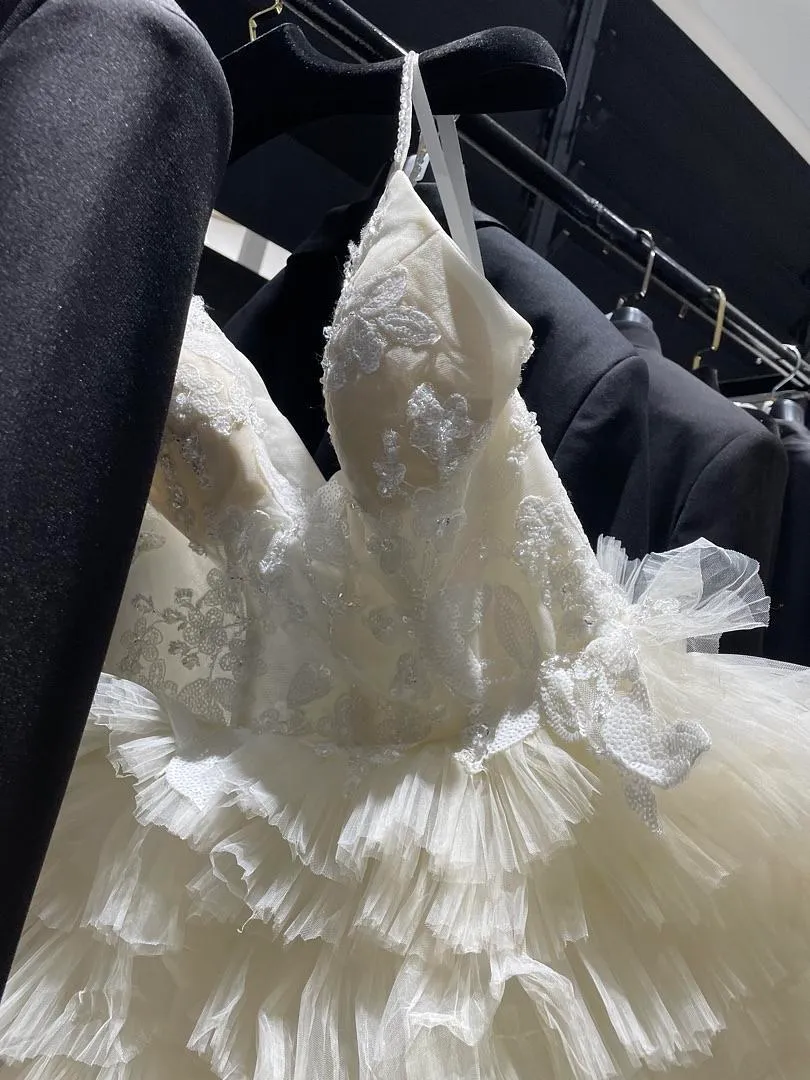 S05AAT 1496 wenny yellow ruffled big lace sequin A line spag strap