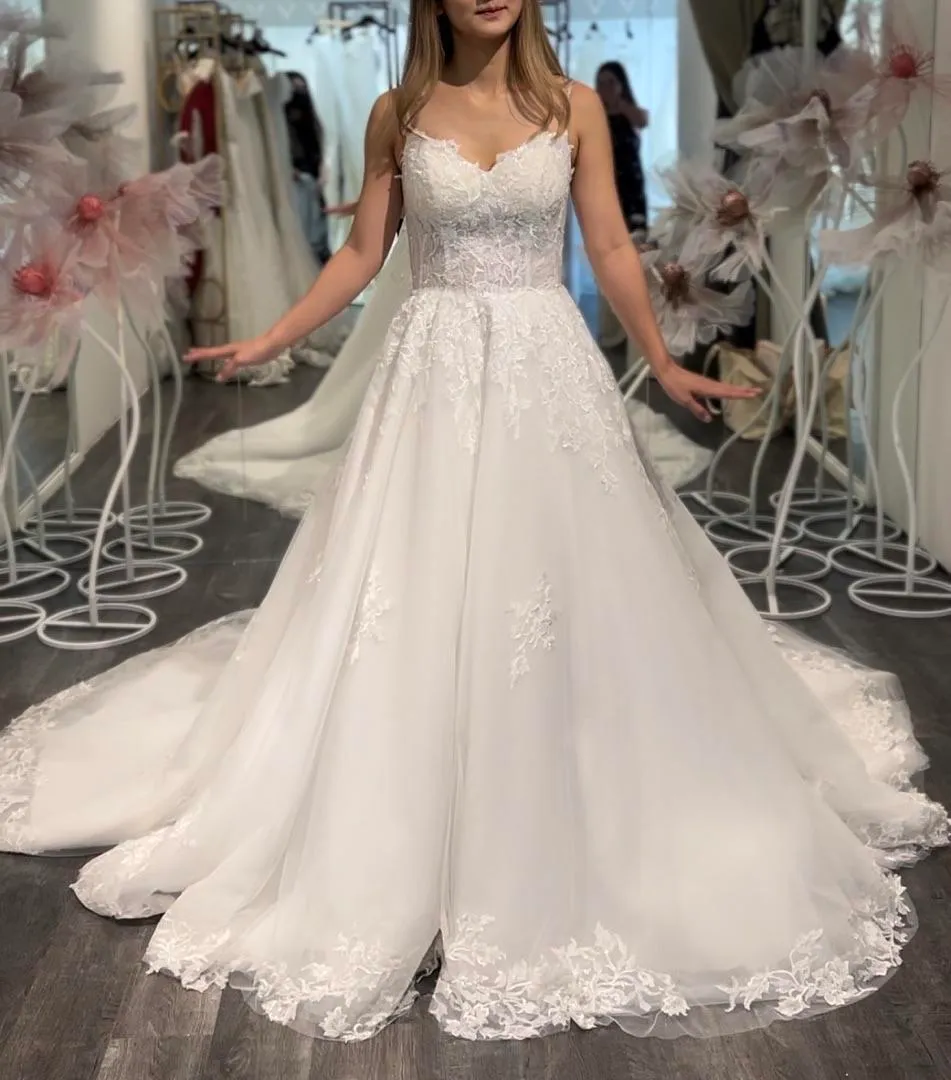 S05AAT 0980 - spag strap soft flower lace A line ball gown